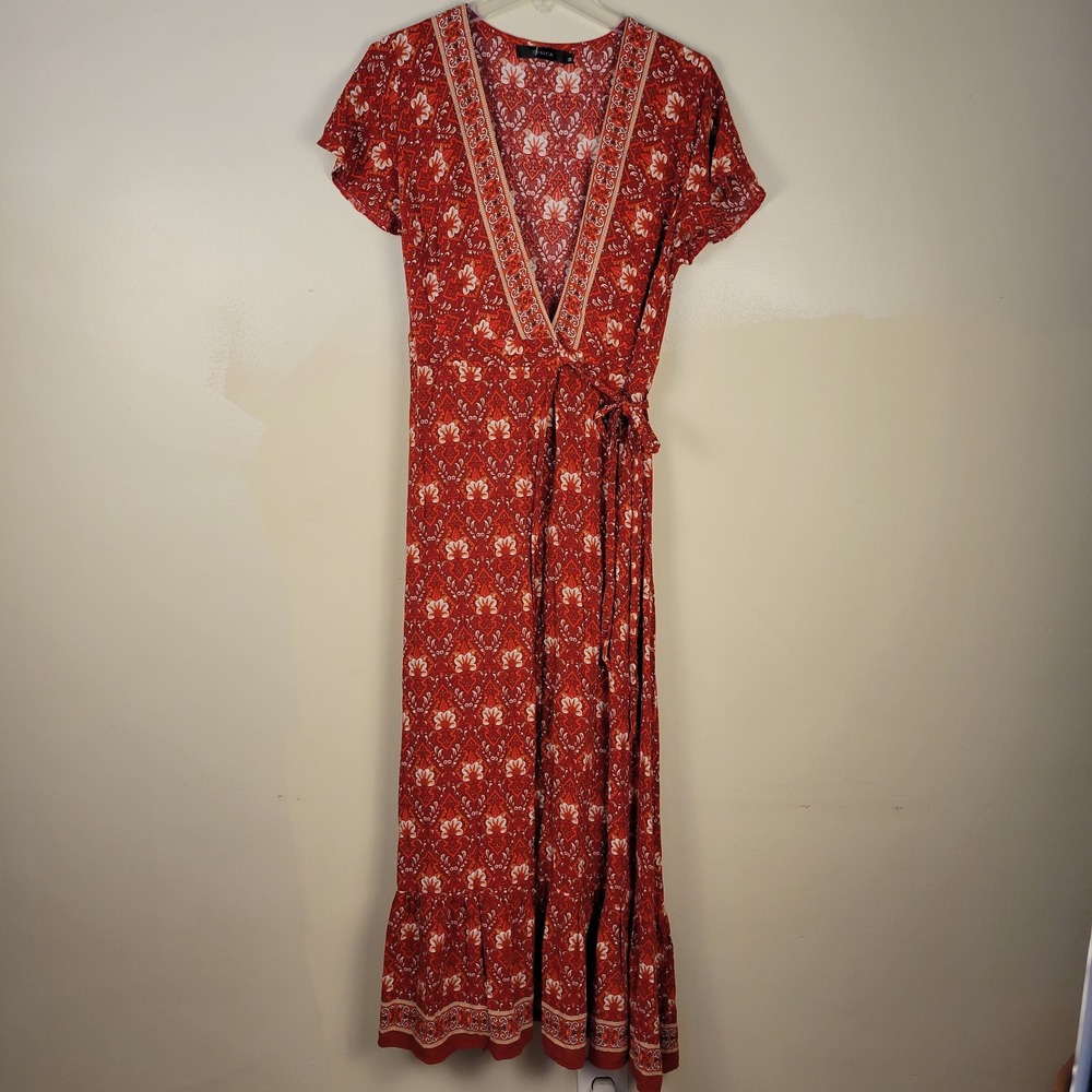 ZESICA Womens Red Floral Paisley Boho Maxi Wrap Dress Short Sleeve Size M